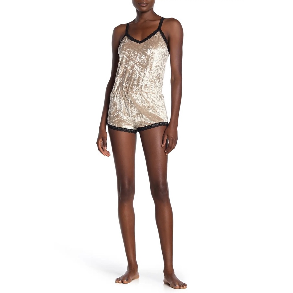 Lace Trim Crushed Velvet Pajama Romper